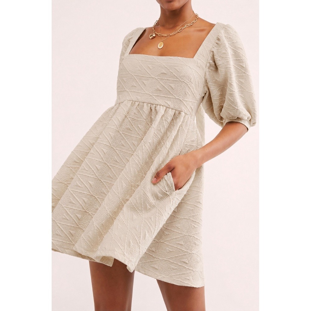 Free People Violet Mini Dress Beige Cream Textured Puff Sleeve Size S